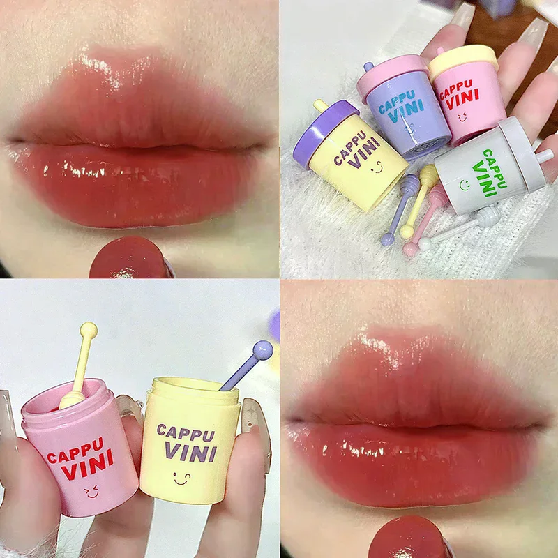 Cappuvini Cute Little Milk Can Shape Lip Gloss Moisturizing Mirror Water Lip Gloss Sexy Red Lip Tint Lip Balm Lip Makeup