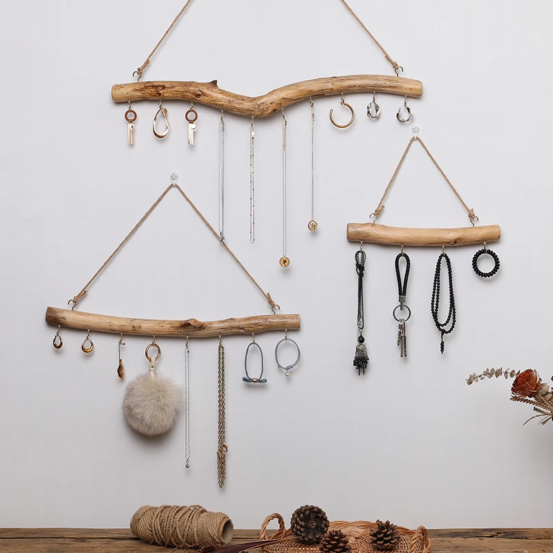 

Wooden Branch Jewelry Stand, Vintage Necklace Hook, Wall-Mounted Earring Rack, Rustic Decorative Accessories Organizer