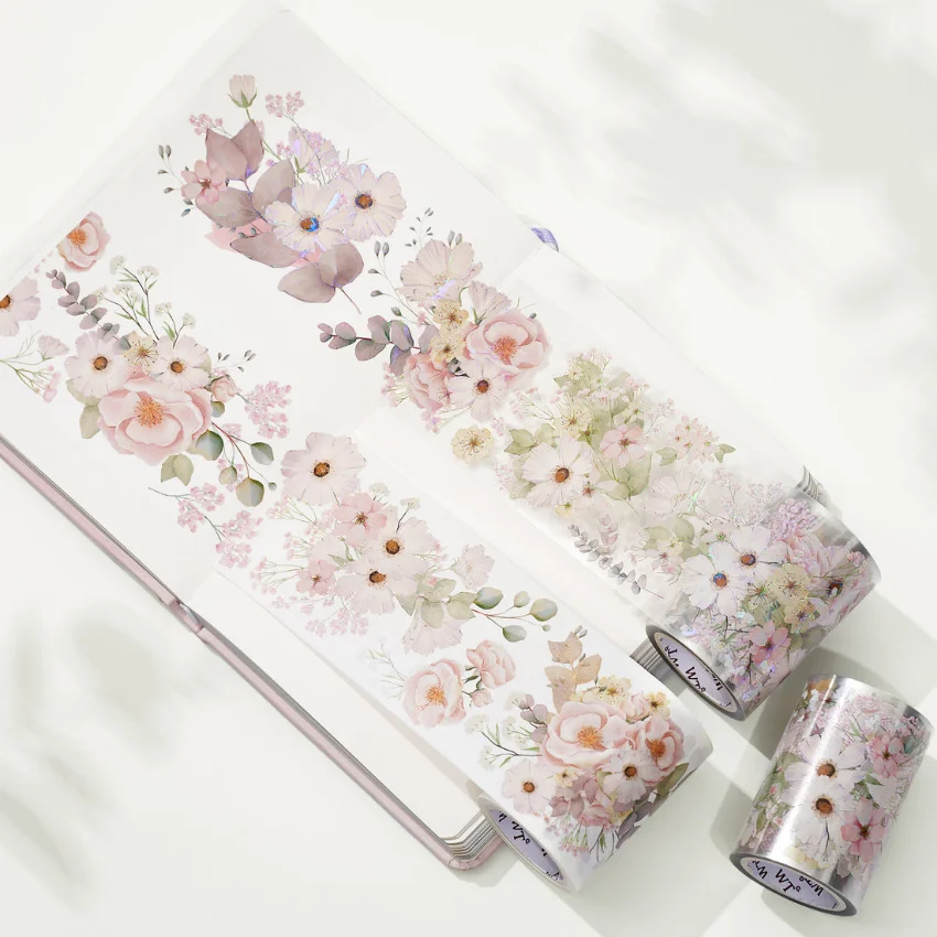 WT New Blush Wide Flower Washi PET Tapes Scrapbooking Adhesive Sticker for Journals Card Making Background Art Material