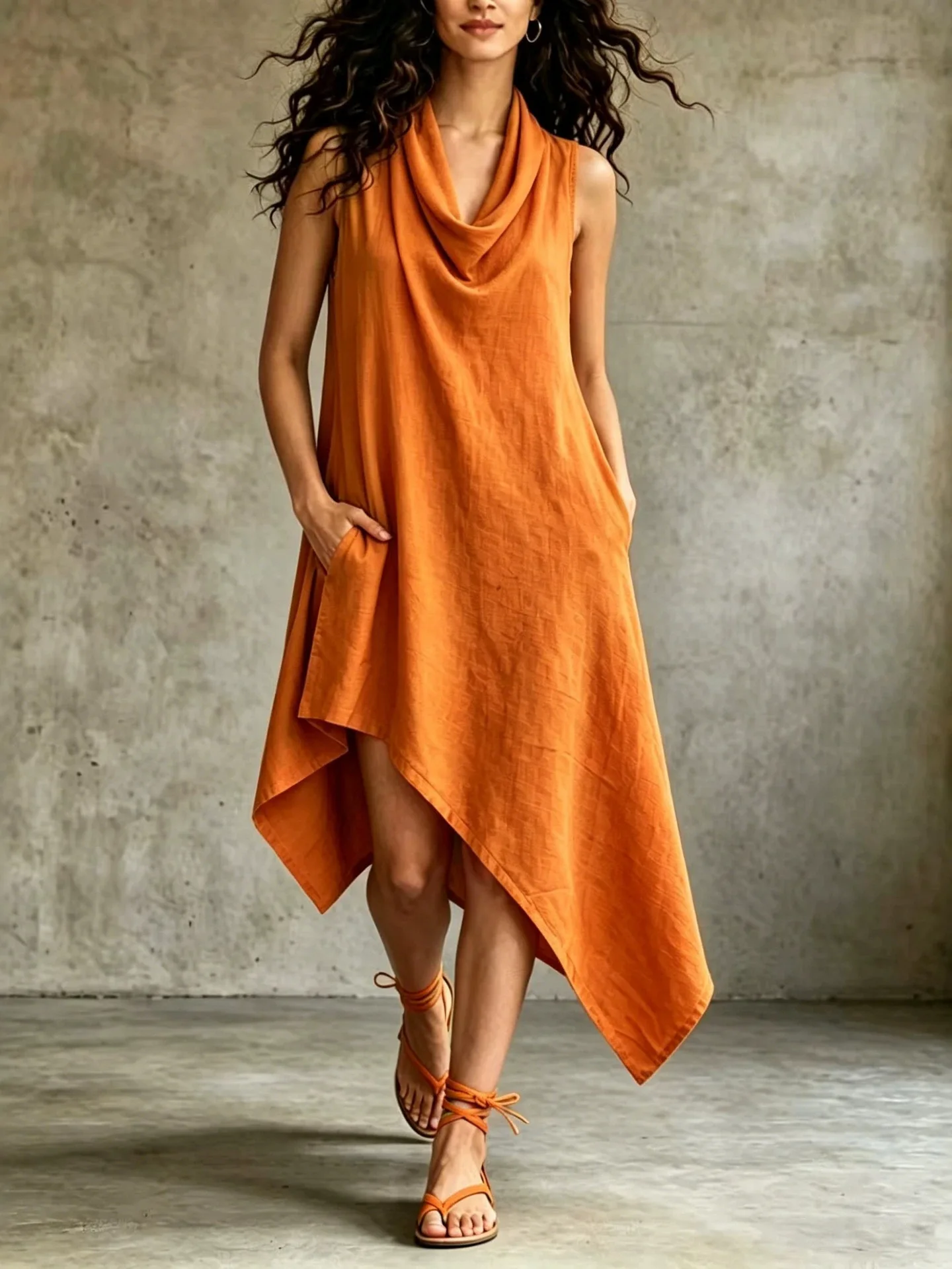 Vestido Midi Casual sin Mangas con Cuello en V para Mujer, Color Naranja, Dobladillo Asimétrico, Corte Holgado, Estilo Festiv...