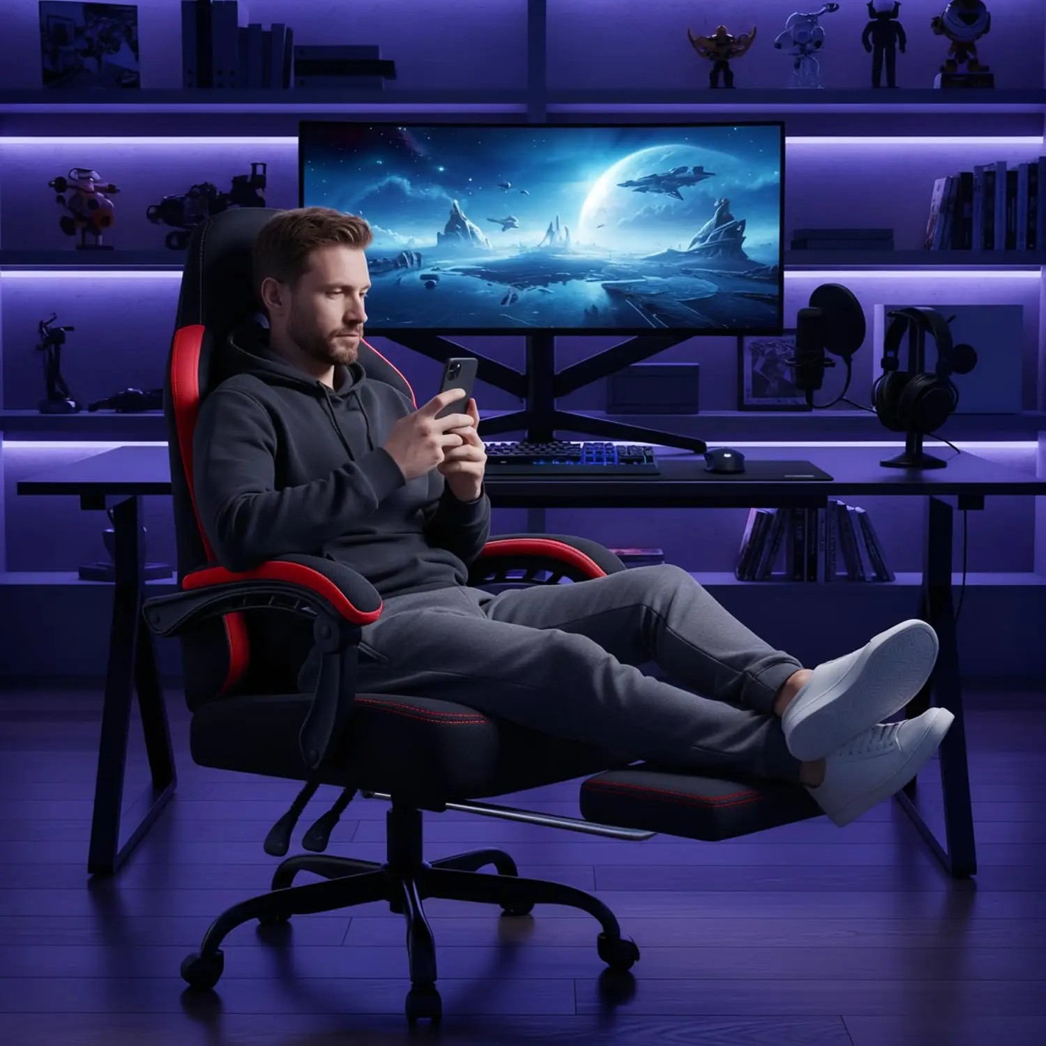 Gaming Chair, Fabric Big and Tall Video Game Chairs with Footrest, Massage Lumbar Support, Racing Style Ergonomic Computer Gamer