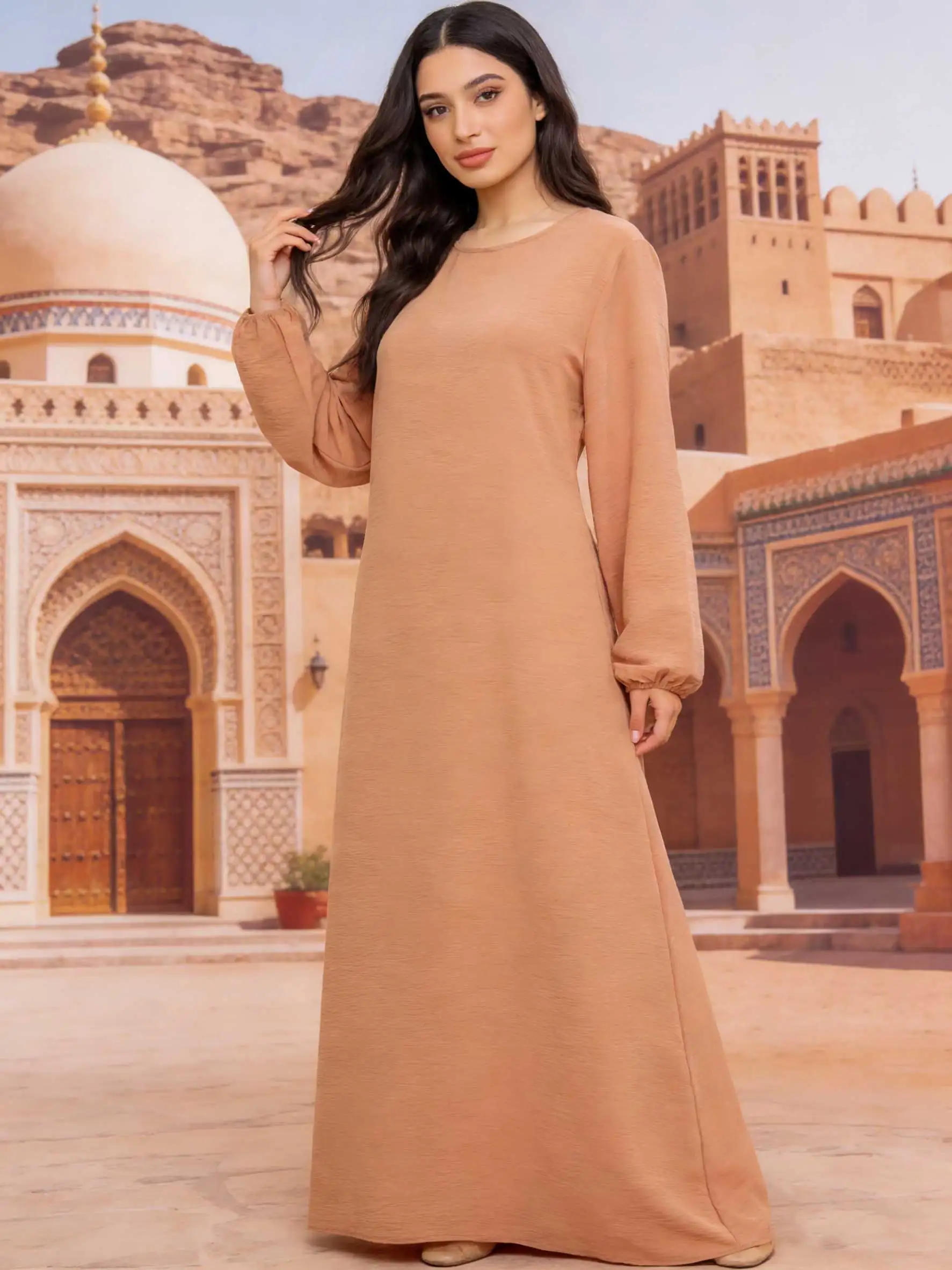 

Элегантное платье-абайя макси с круглым вырезом и пышными рукавами, свободного кроя, цвет персиковый беж, для женщин, мусульманский марокканский кафтан, для Рамадана, ислам, Дубай, арабские робы