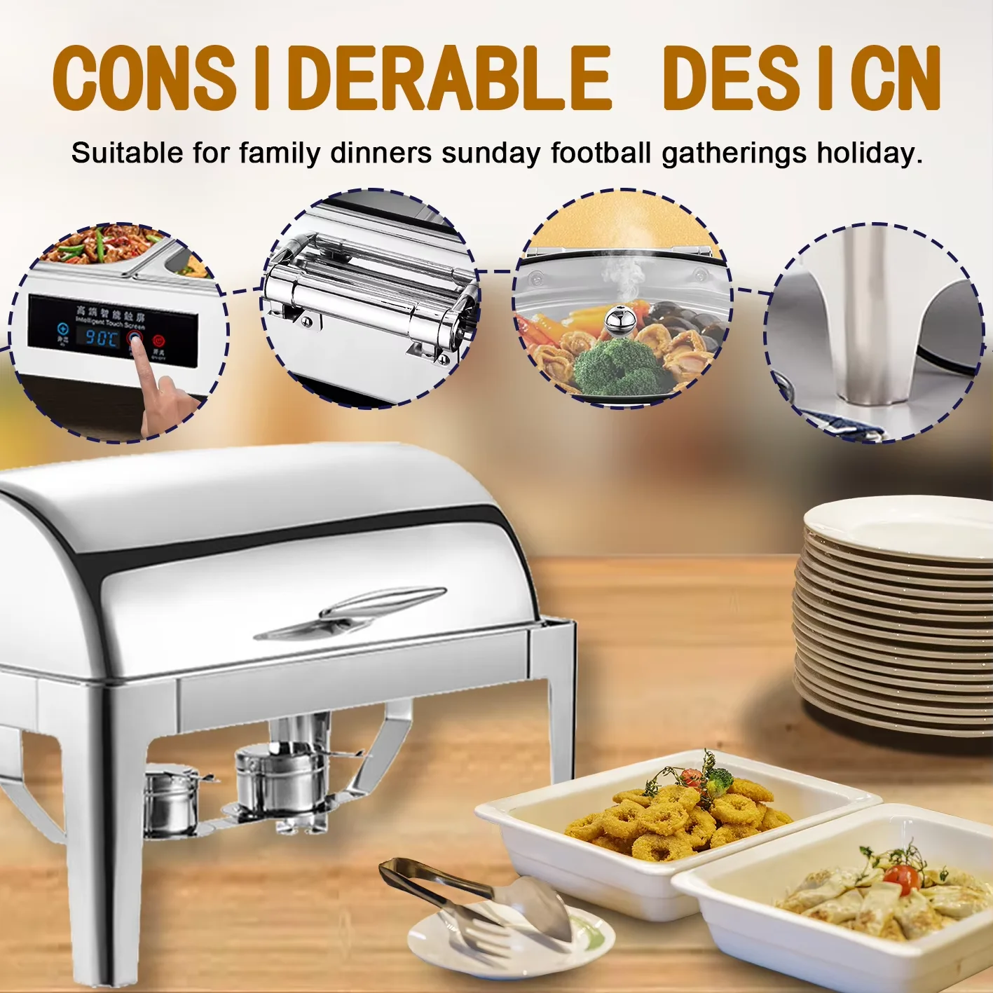Golden Stainless Steel Chafing Dish Catering Buffet Set with 9L Capacity Energy Saving Roll Top Design