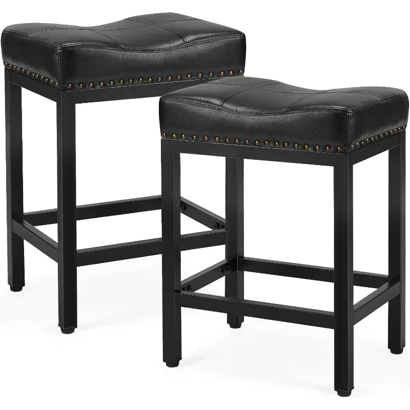 PU Leather Bar Stools Set, Contra Altura, Estofado, Barstools Cozinha Moderna, Preto, 24 ", Conjunto de 2