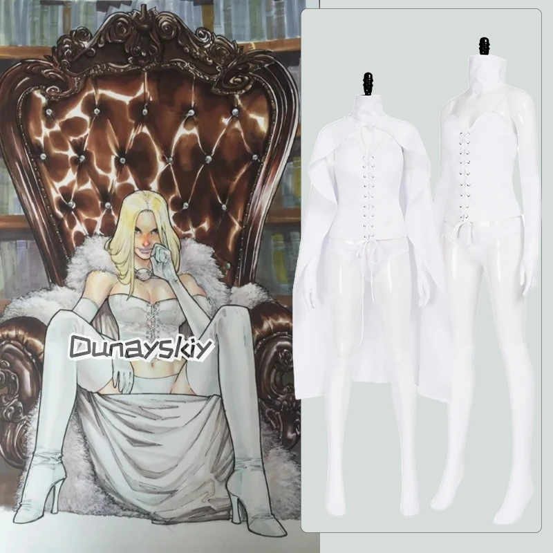 Weiße Königin Emma Cosplay Kostüme Anime Emma Grace Frost Rollenspielkleidung XS-3XL Weiße Spitzenverband Damenkleider