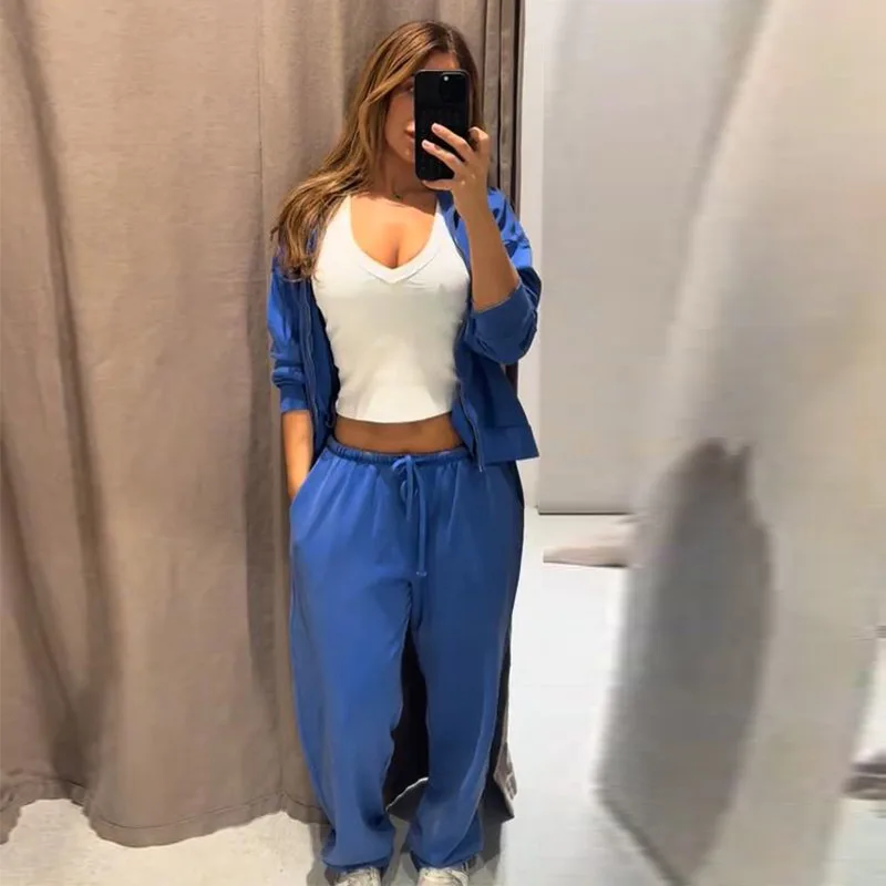 Damen-Hosen-Sets mit Stehkragen, Langarm-Reißverschlussjacken, Kordelzug-Taille, Gerade Hosen, Herbst-Outfit für Frauen, Einfarbig, Locker Geschnitten, Neu – Detail 3