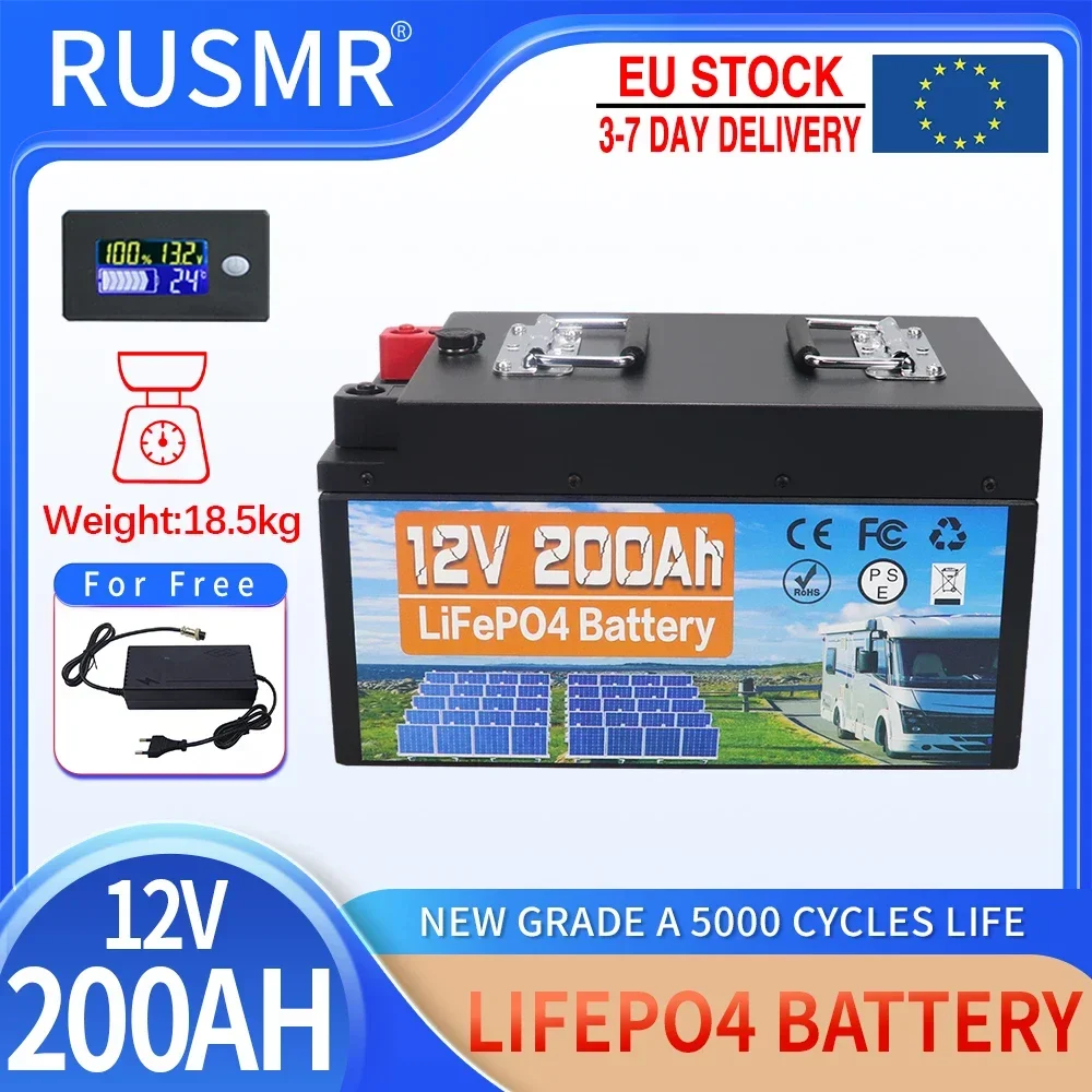 12V 200AH 120Ah LiFePo4 Battery Built-in BMS Lithium Iron Phosphate Cell 5000 Cycles For RV Campers Golf Cart Solar With Charger