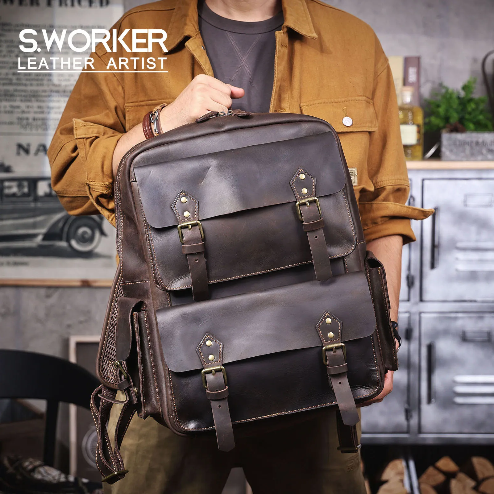 S.WORKER Vintage Echtleder-Rucksack für Herren, Große Laptop-Schultertasche aus Rindsleder, Klassische Vintage Crazy Horse Schultasche für Reisen – Detail 2