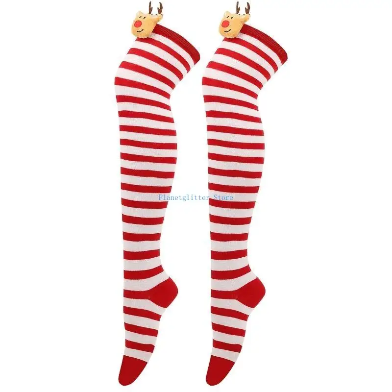 

652B Women Striped Over Knee Socks Plush Deer Thigh High Stockings for Christmas
