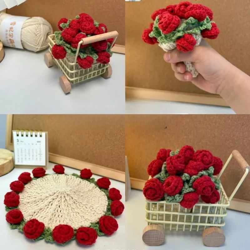1 PC Handmade Yarn Crochet Rose Coasters, Finished Insulation Pads, Desktop Ornaments, Creative Crochet Holiday Gifts