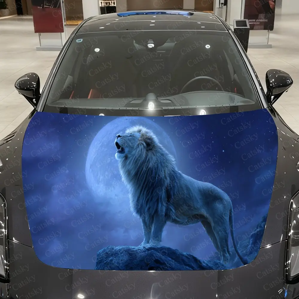 

Icy Blue Lion King Car Vinyl Wrap, PVC Material Waterproof Car Hood Sticker, Self-Adhesive Scratch-Resistant Stickers for Engine