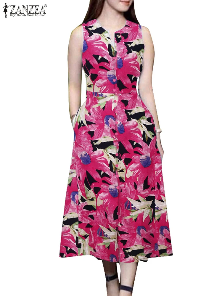 2025 Vestito estivo da donna ZANZEA Elegante stampato Party Holiday Dress Elegante scollo a V senza maniche Midi Abiti Robe Femme Caftano