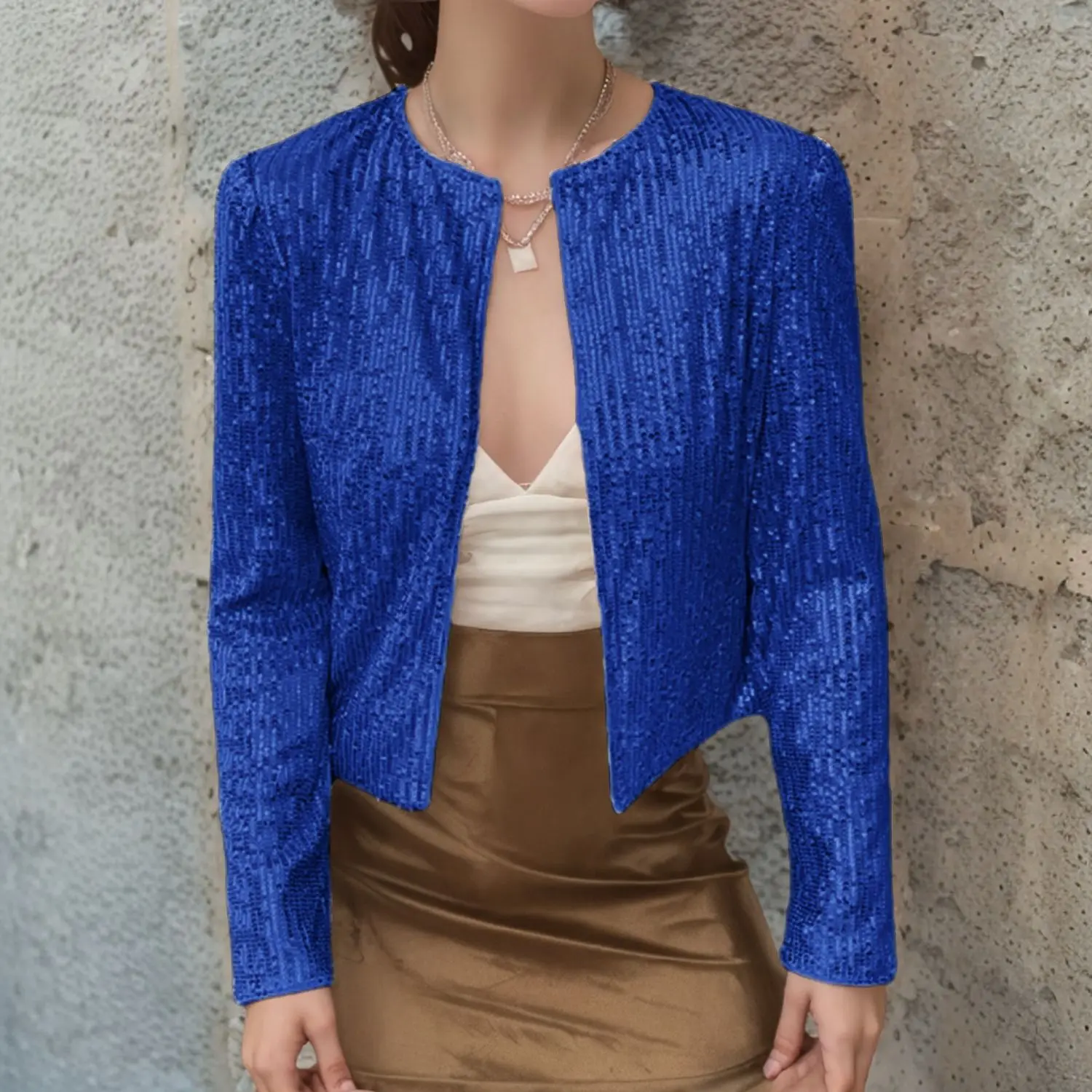 Spring European and American Best-Selling Round-Neck Long-Sleeve Solid-Color Cardigan Casual and Versatile Sequined Coat