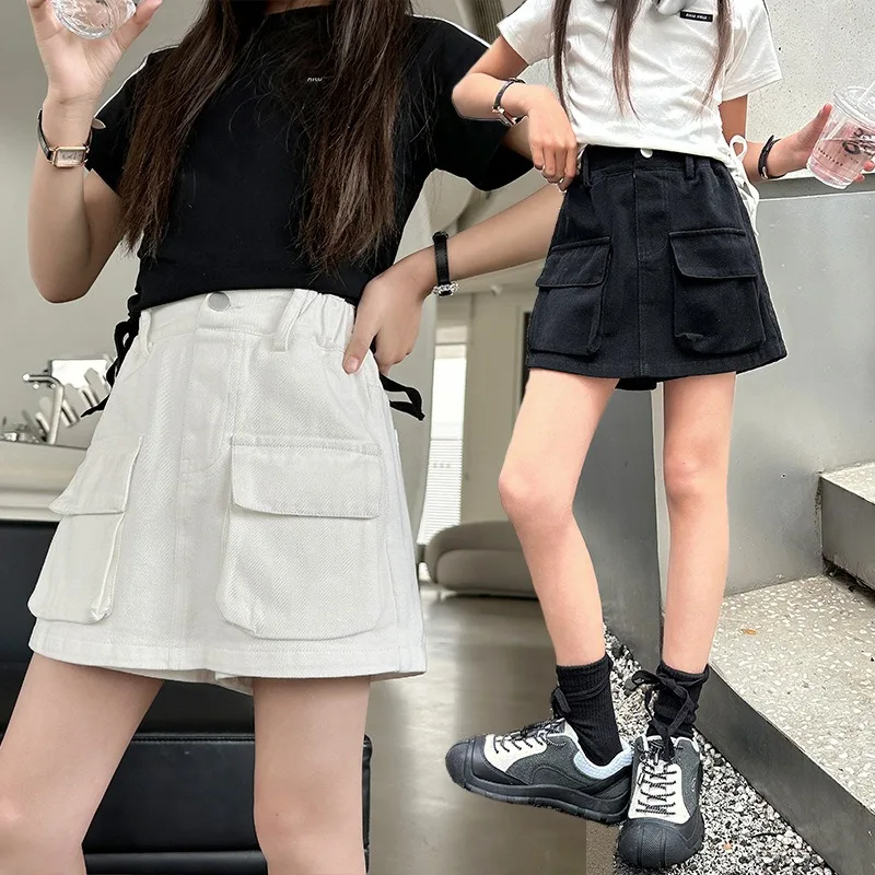 

Girls Denim Shorts 2025 Summer New High Waist Double Pocket Slimming Hip A-line Skirt