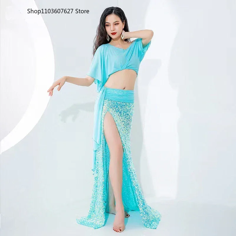 Traje de práctica de danza del vientre para mujer, Top de manga corta de hilo, falda de lentejuelas de sirena, ropa de ejercicio de danza Oriental