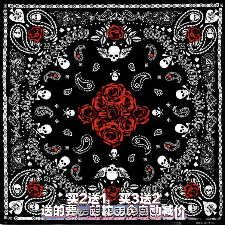 Red Rose Poker Skull Cotton Scarf Headscarf Hairband Street Dance Unisex Hip Hop Multi-Use Square Scarf for All Ages