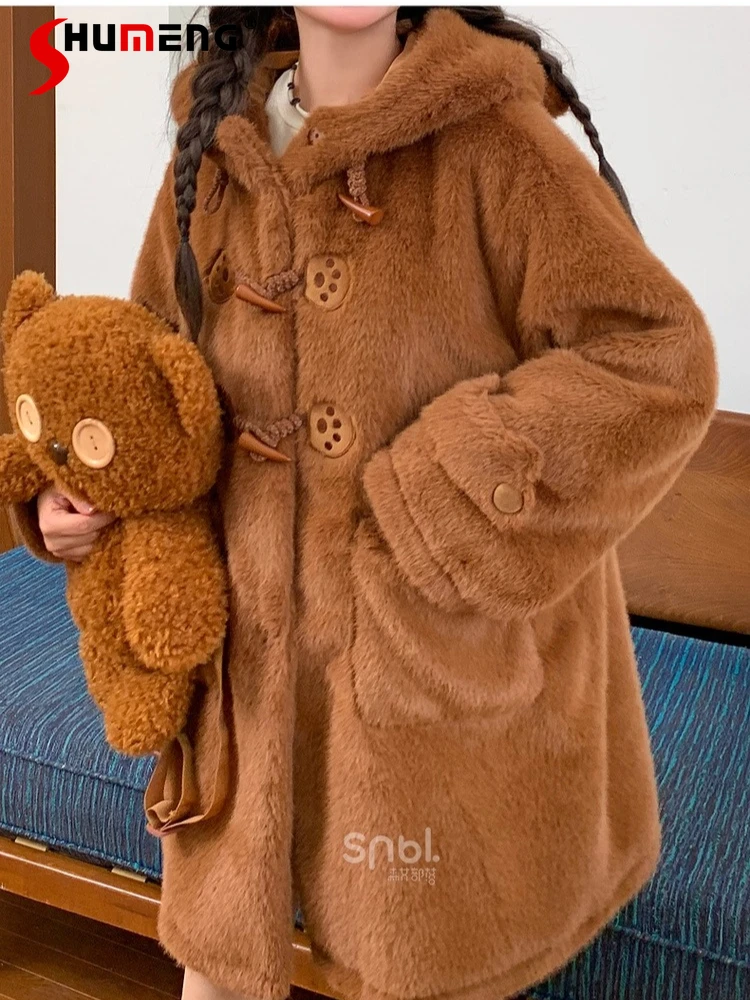 

Japanese Style Kawaii Sweet Bear Ear Hooded Quilted Coats for Women 2025 Winter Loose Versatile Thick Warm Plush Long Jackets