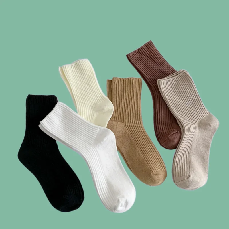 

6/12 Pairs Dudu Socks Solid Color All-match Simple Khaki Color Double Needle Vertical Striped Cotton New Women Middle Tube Socks