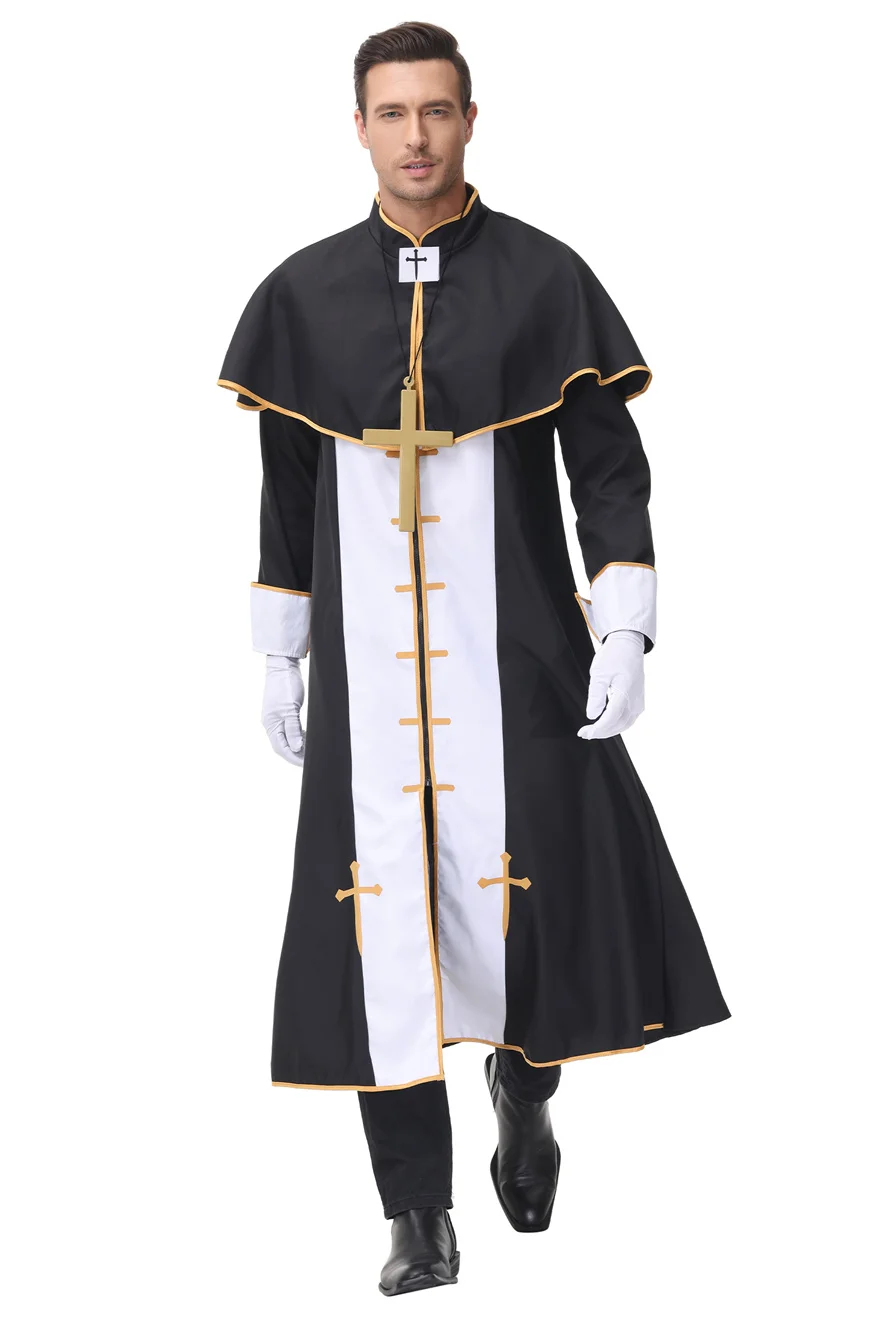 Medieval adulto preto nobre sacerdote traje homem pastor religioso pai trajes dia das bruxas purim festa mardi gras fantasia vestido