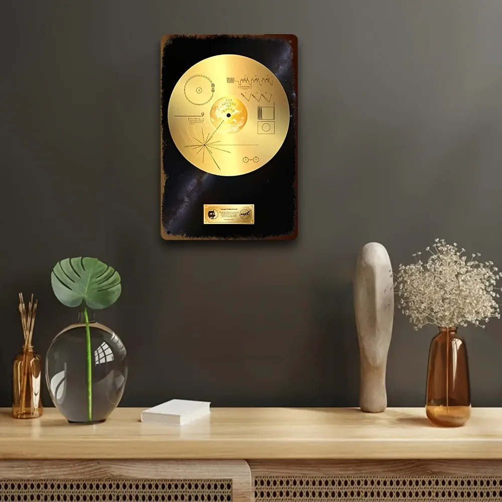 Retro Space Voyager Golden Record Metal Sign 8x12 Inch Fade-Resistant Iron Wall Art Home Office Cafe Decor
