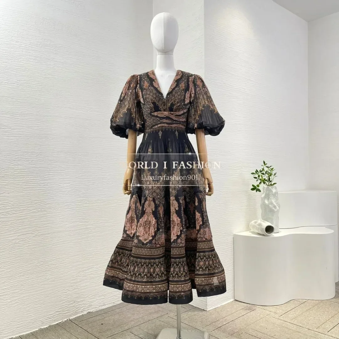 

Paisley Vintage New High Quality Black High Waist Short Lantern Sleeve Women Grey Pleats Midi Dress