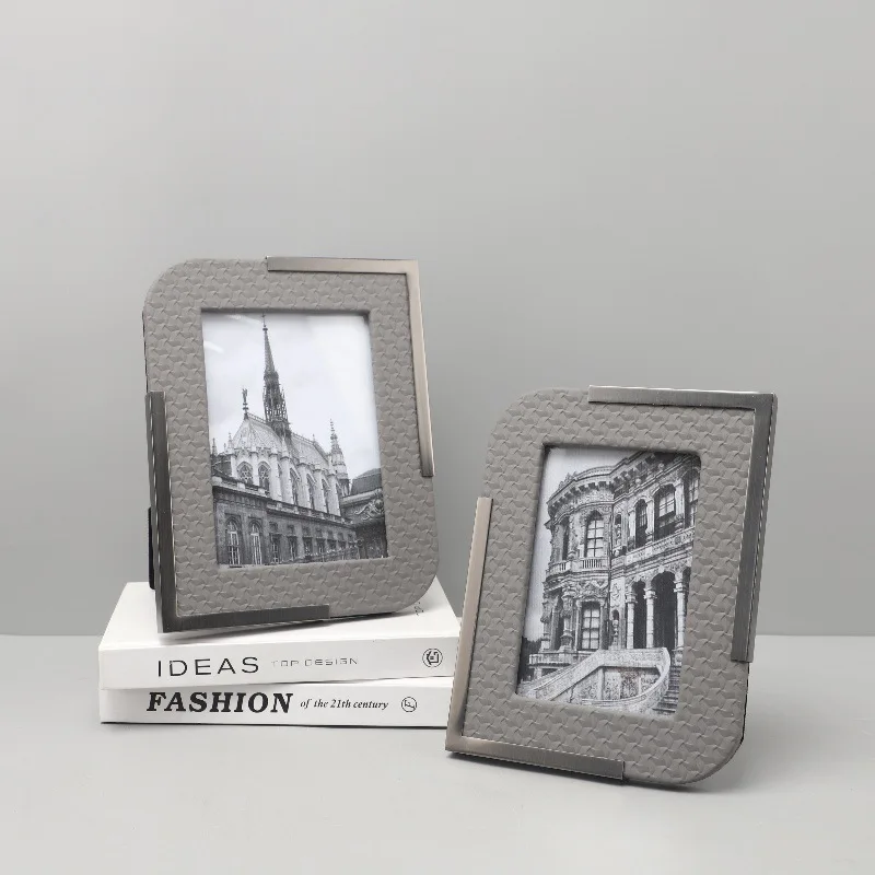 

Modern Simple Leather Woven Pattern Leather Grille Pattern Photo Frame Ornament High-end Artistic Photo Frame Ornament