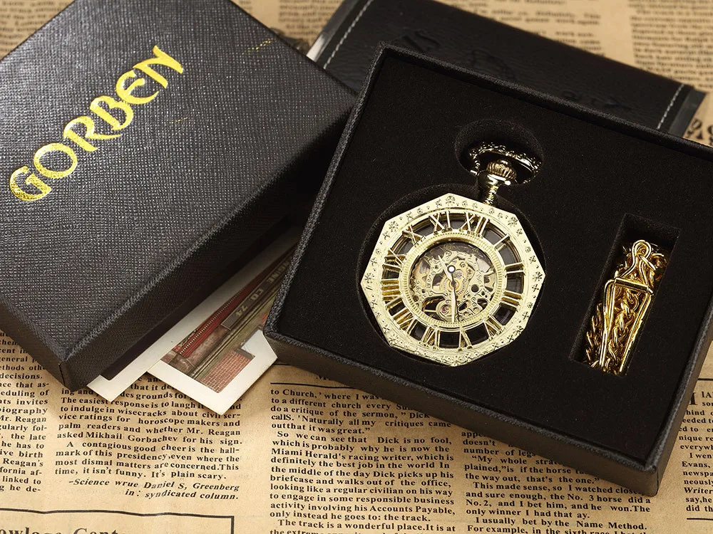 Ramadan Classic Hexagonal Mechanical Pocket Watch FOB Chain Steampunk Roman Dial Skeleton Gold Hollow Steel Men's Pocket Watch