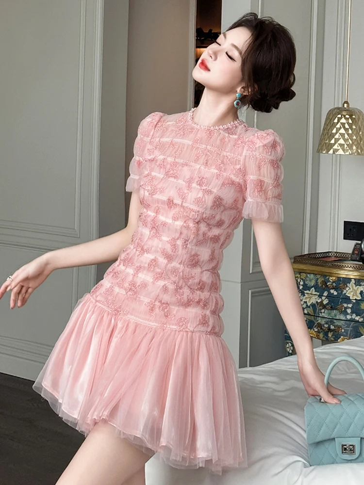 Ropa de mujer malla dulce Rosa bordado manga corta ajustado cola de pez Mini Vestido corto elegante fiesta graduación Vestidos noche verano