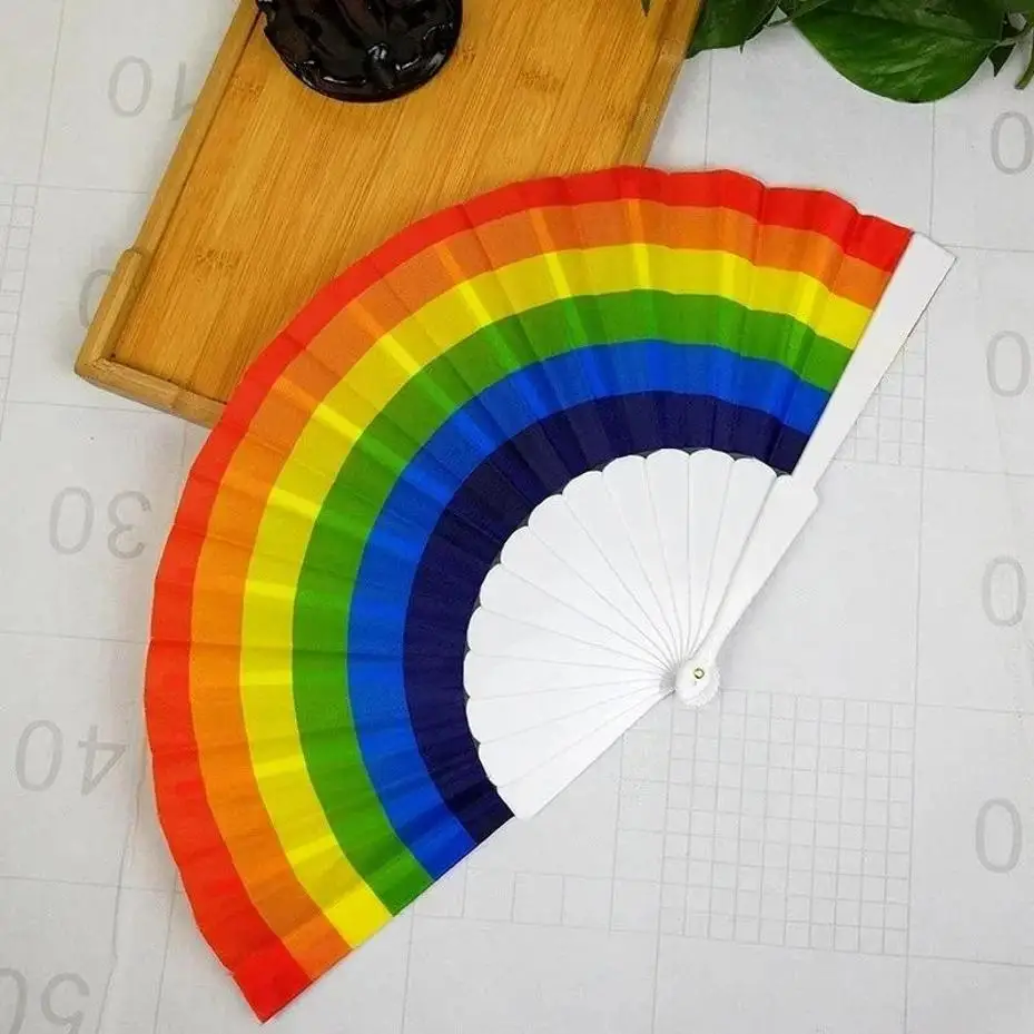 New 1 Pc Plastic Hand Crank Fan Foldable Style Rainbow Silk Fabric Pocket Hand Fans Party Fovor Personality Dance Fan Gifts