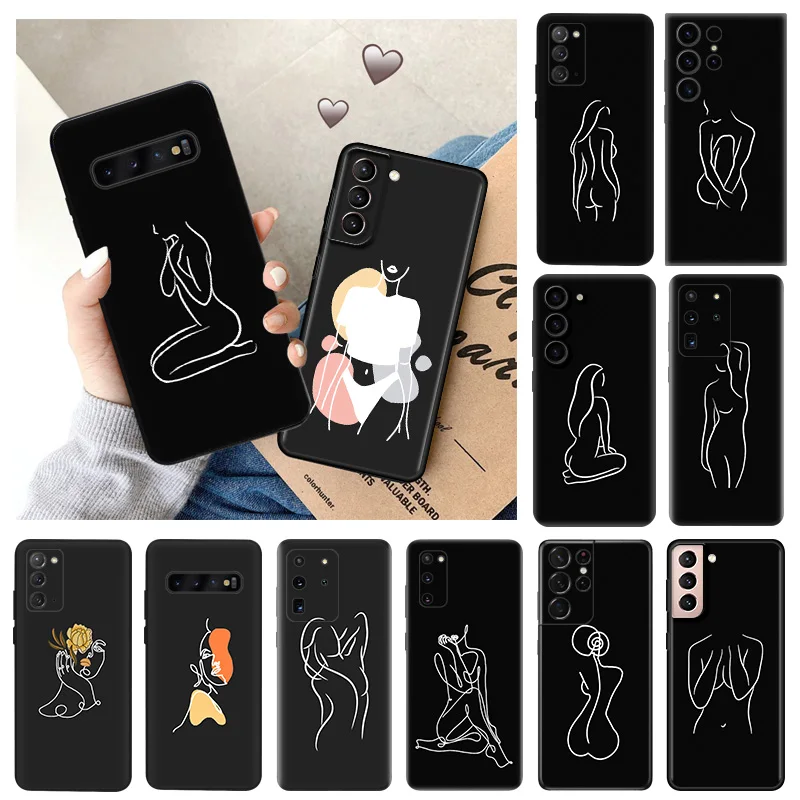 Soft Case for Samsung S24 Plus S23 S22 S21 Ultra S20 fe S10 S10e Perfect Curve Flower Sexy Girl Line Art Black Phone Cases Cover