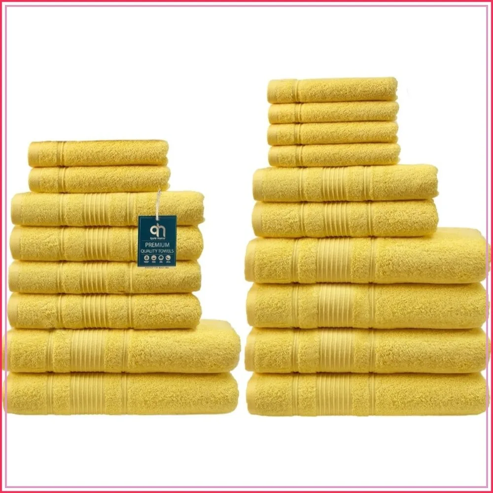 18-Piece Turkish Cotton Towel Set, Soft Absorbent Quick-Dry Bath, Hand, Washcloth - Yellow