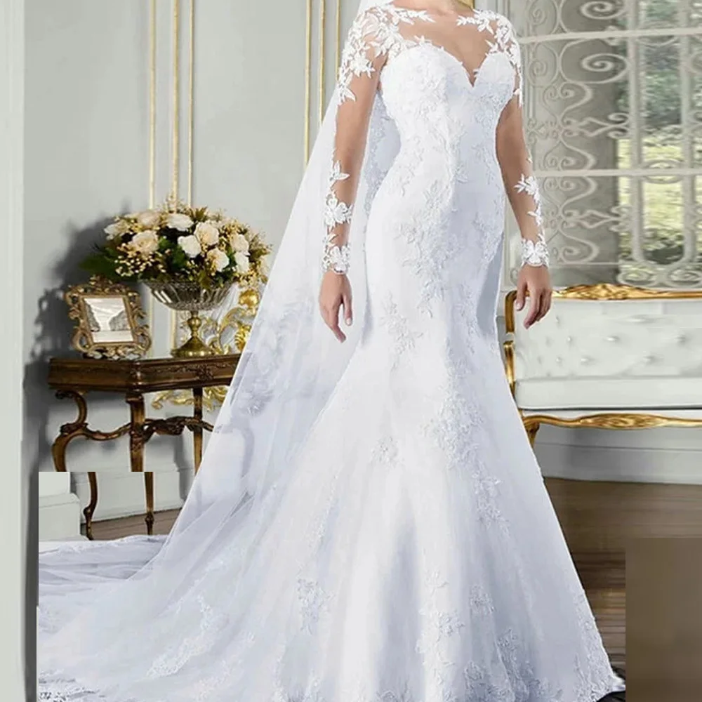 Sirena Appliques perle abiti da sposa Sweetheart lunghezza del pavimento pizzo temperamento Jersey abiti da sposa maniche lunghe Sweep Train