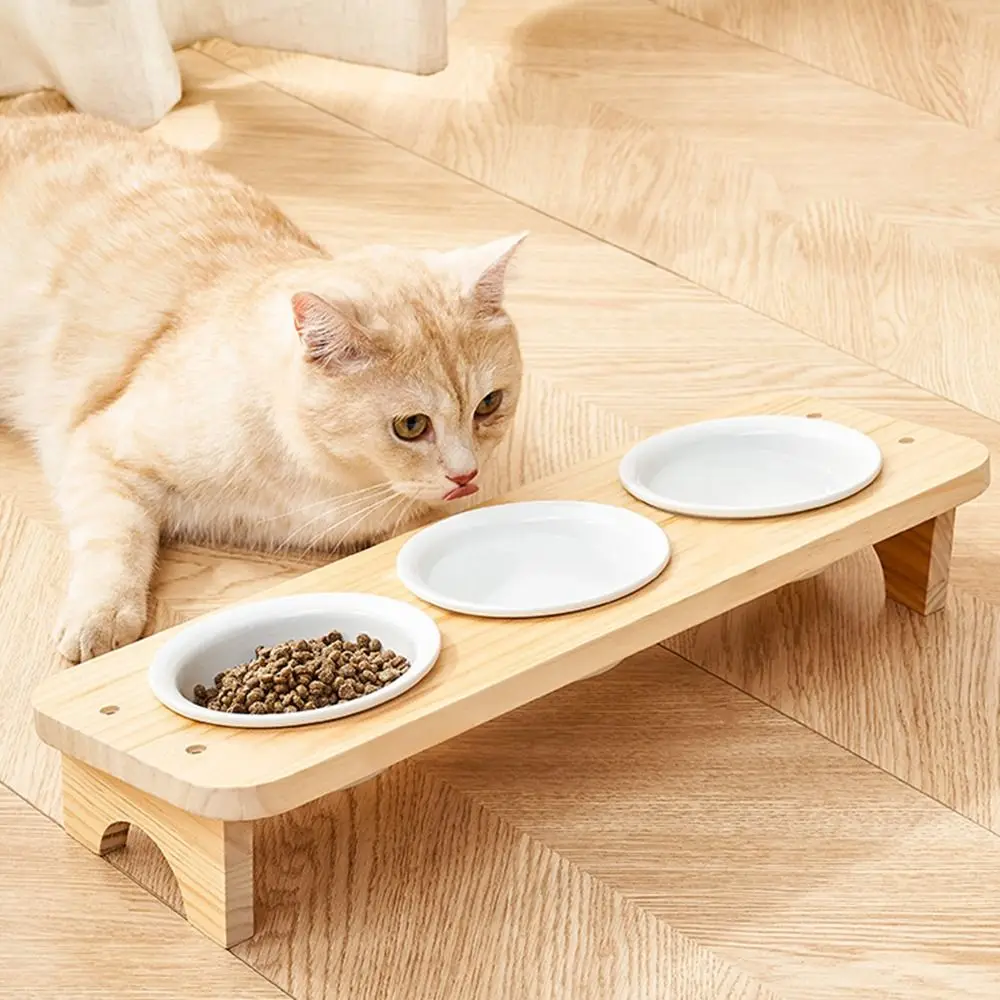 

with Wood Stand Ceramic Cats Bowl Detachable Protect Cervical Spine Elevated Pet Feeder Non-Slip Anti Vomiting