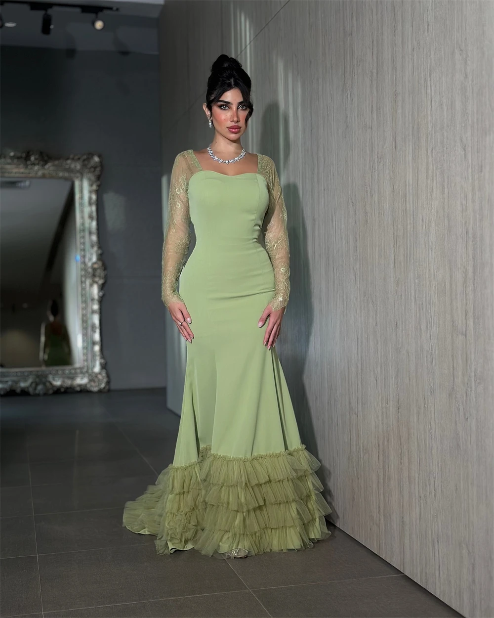 Robe de soirée de forme sirène, personnalisée, élégante, manches longues, Jersey vert, avec traîne Court, fermeture éclair au dos, robe de célébrité