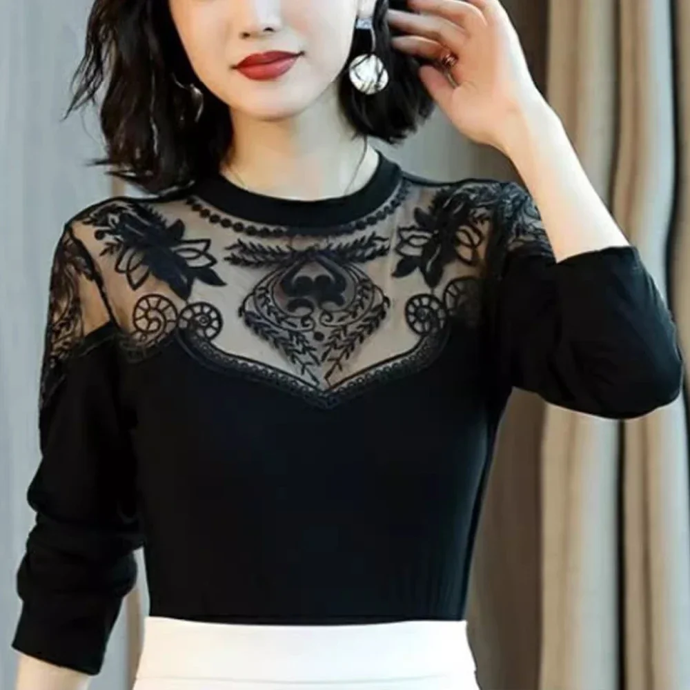 

New Transparent Splicing Lotus Lace Elastic T Shirt Blouse Women S-3XL Black Female Blouses Cheaper Tops Long Sleeves T-Shirt