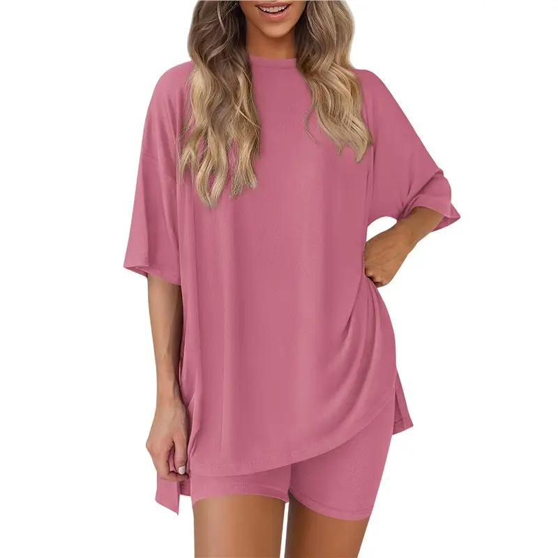 

CYL-Women's Two Piece Lounge Set Summer Casual Oversized Shirts Biker Shorts Matching Airport Travel Outfit