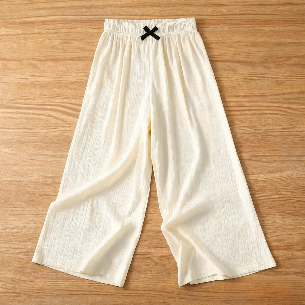 Girls Ribbed Wide Leg Pajama Pants Solid Color Bow Decor Elastic Waist Loose Soft Sleep Trousers Kids Casual Home Loungewear