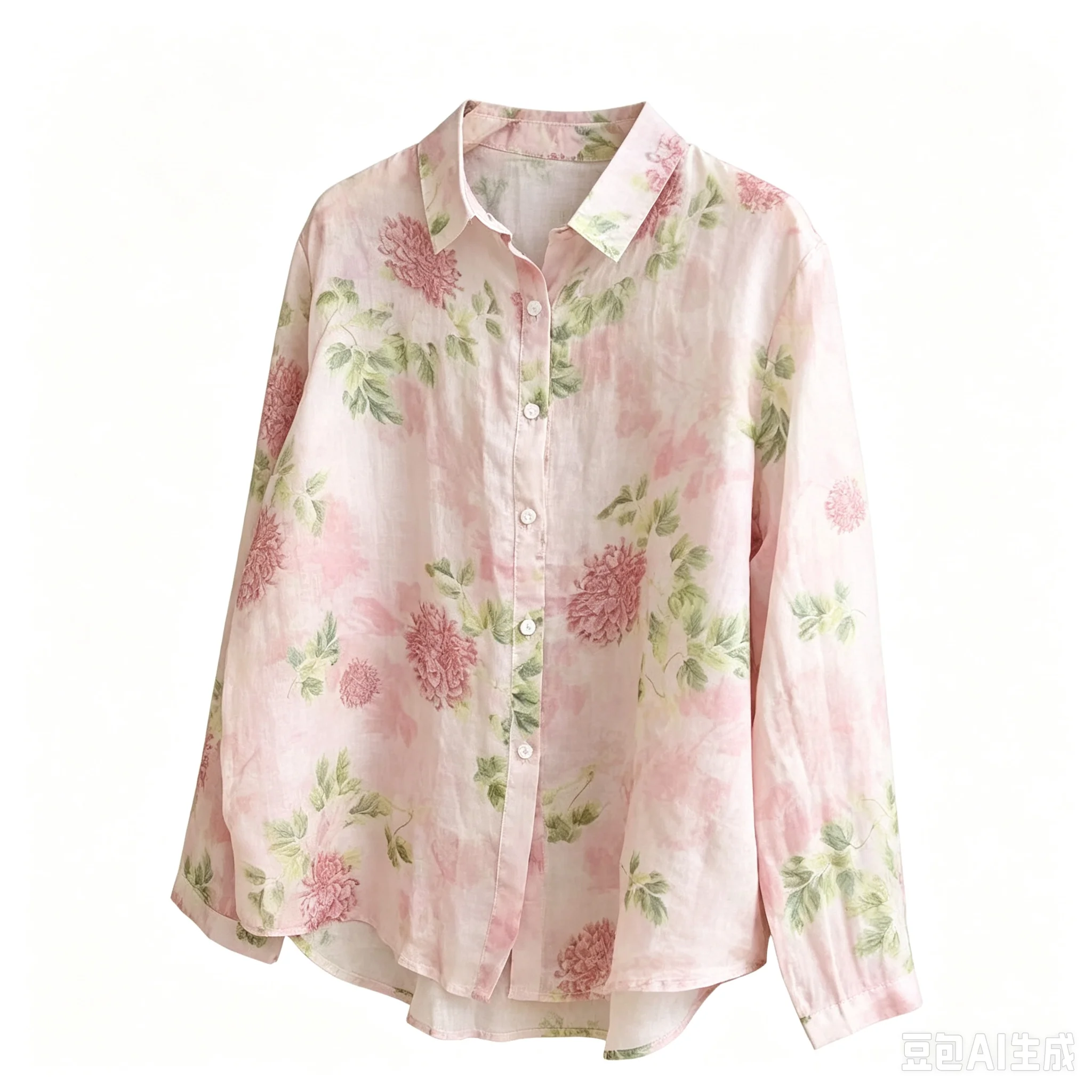 Soft Elegant Vintage Floral Long Sleeve Blouse Lapel Collar Button‑Up Shirt Pink Peony Flower Print Loose Casual Holiday Top Y2K