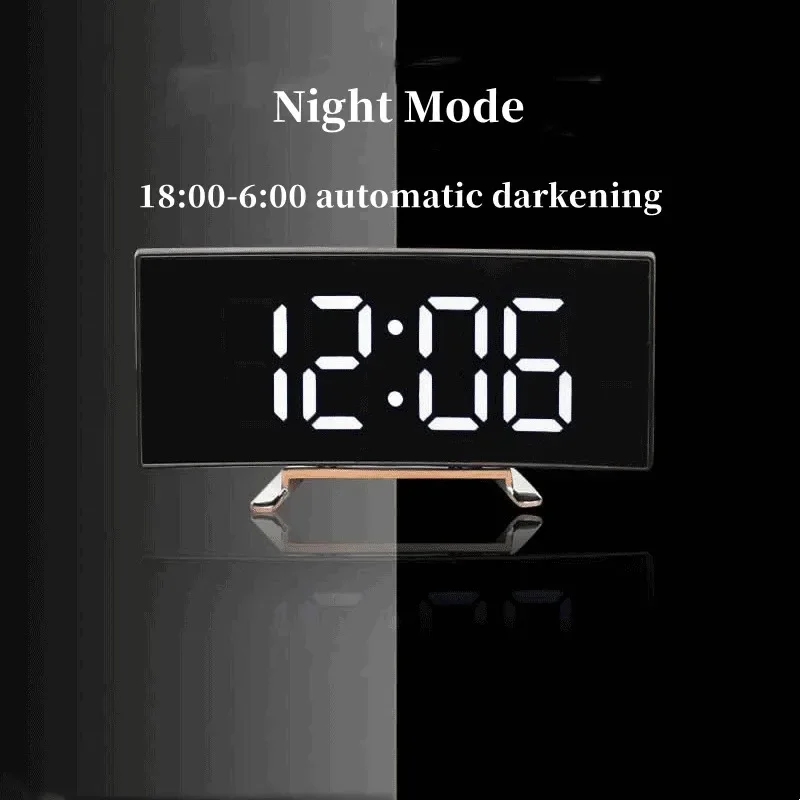 New Digital Alarm Clock LED Curved Surface Mirror Electronic Night Mode Snooze Desktop Table Clocks for Home Decoration Bedside