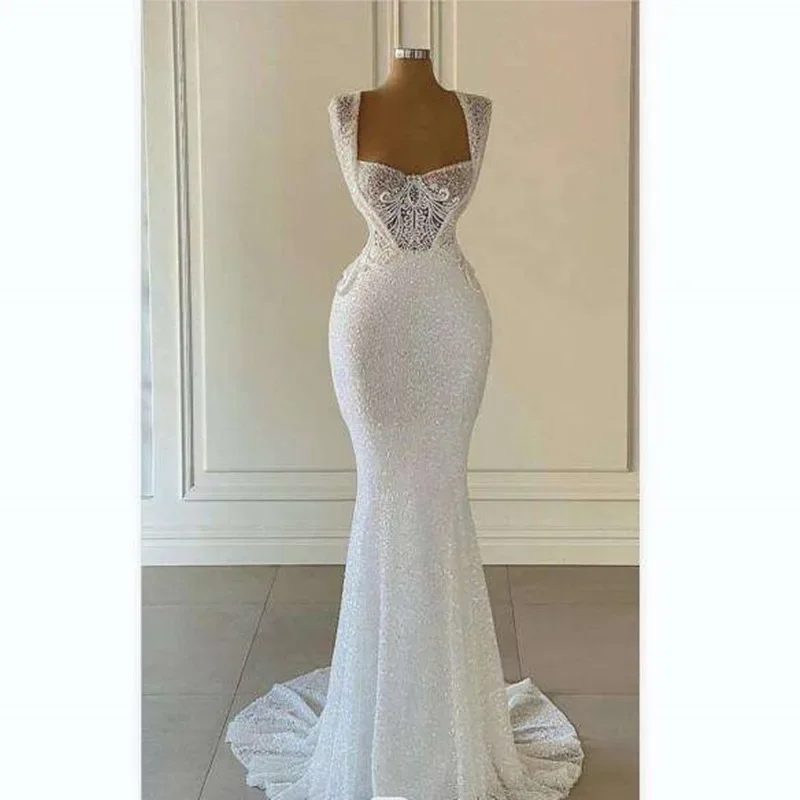 Personalizado Sexy cuello cuadrado brillante cuentas pesadas lentejuelas sirena Vestido De novia tren De barrido Vestido De Casamento mangas casquillo B