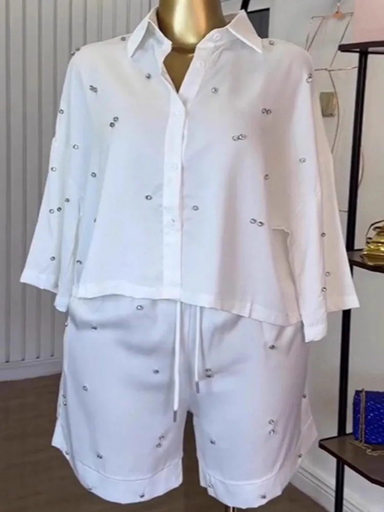 

Комплект из 2 предметов, сексуальный летний осенний модный женский комплект, женская блузка с рукавом три четверти, рубашка, топы и шорты, костюм в тон, наряд