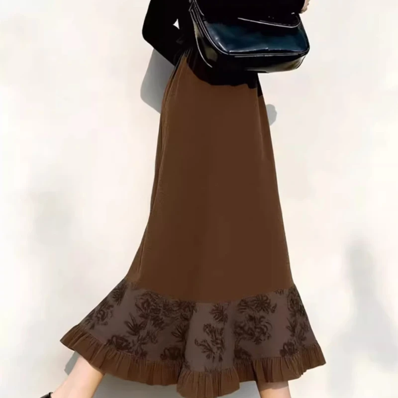 

Весна-осень 2022, женская кофейная юбка с высокой талией и цветочным узором, оборками, женские повседневные юбки во французском стиле