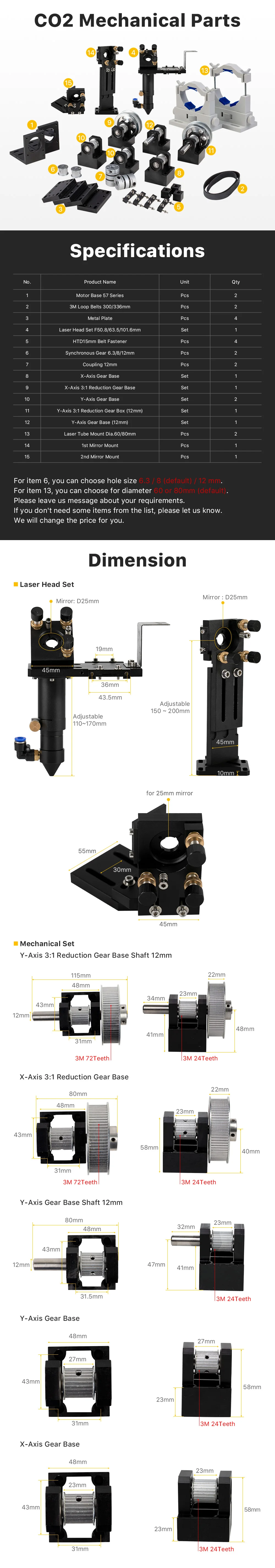Cloudray CL209 E Series Whole Mechanical Set /Metal Plate /Gear Base /Rail Stop For CO2 Laser Cutting Machine