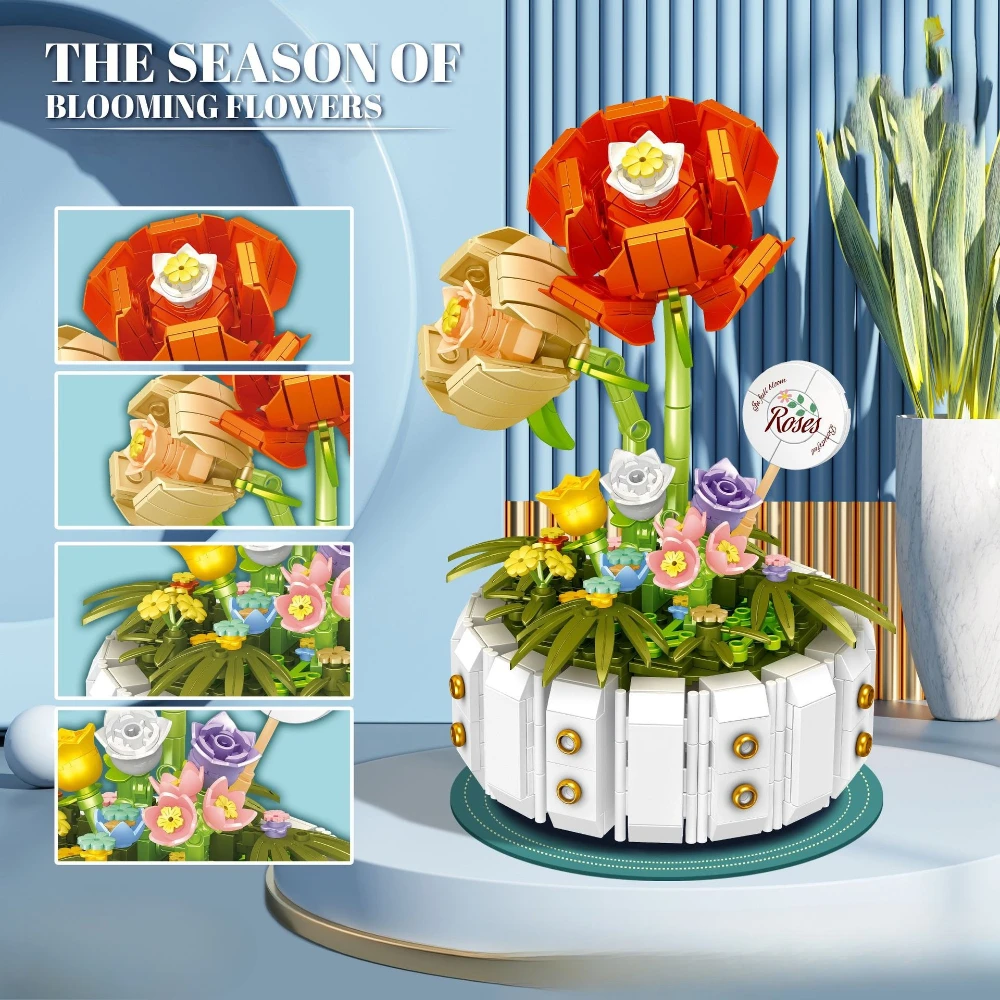 MOC Kleine Ingemaakte Eeuwige Bloem Plant Rose Boeket Bouwstenen Set Huis Thuis Kamer Decor DIY Speelgoed Voor Kinderen Verjaardagscadeau