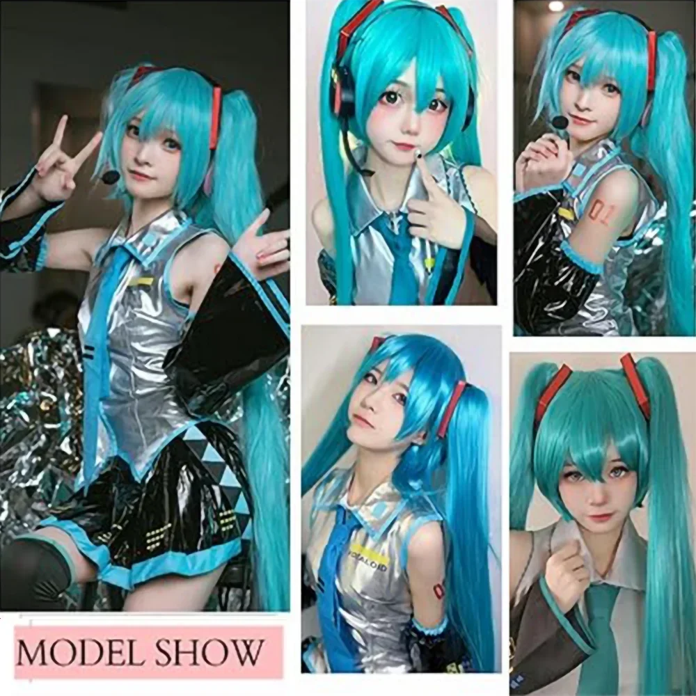 Hatsune Miku Cosplay perruque pour femmes longue rose lac bleu résistant à la chaleur perruques synthétiques Clips 2 queues de cheval Lolita perruque pour Halloween