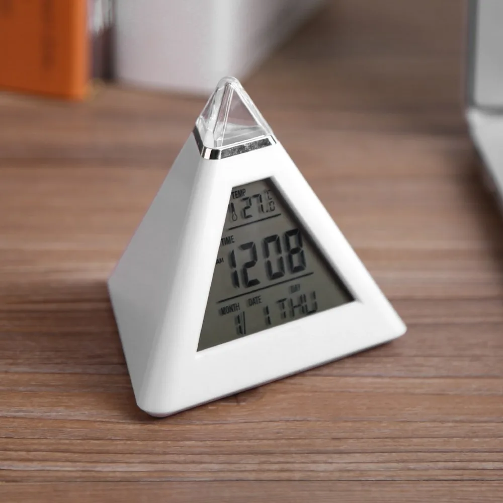 Pyramid LED Alarm Clock White Color Changing Digital Alarm Clock Battery Operated Digital Display Night Light Snooze Function