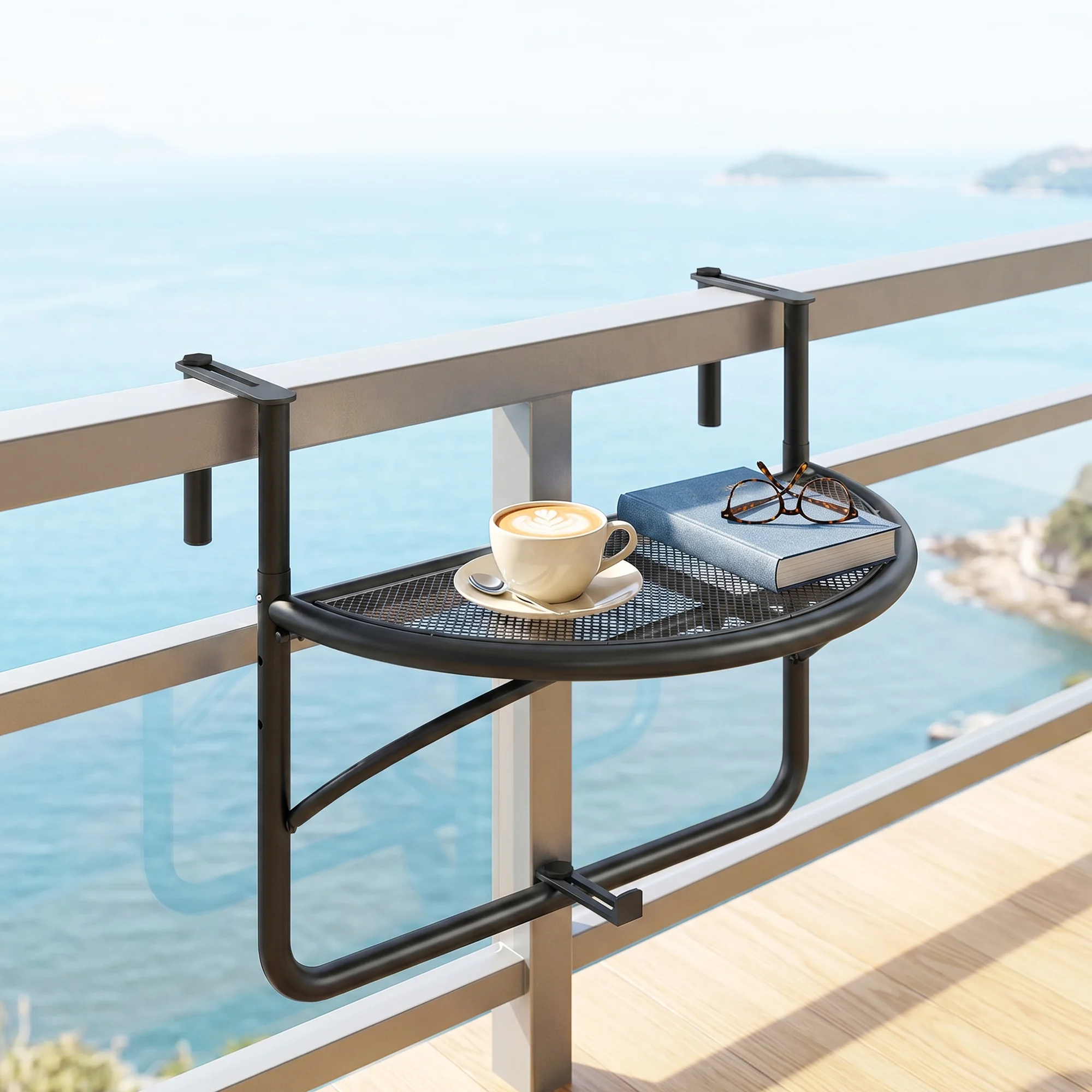 Table suspendue semi-circulaire Outsunny pour balcon, 60x47x50 cm, réglable en hauteur, simple et pratique pour balustrade de balcon, terrasse, patio