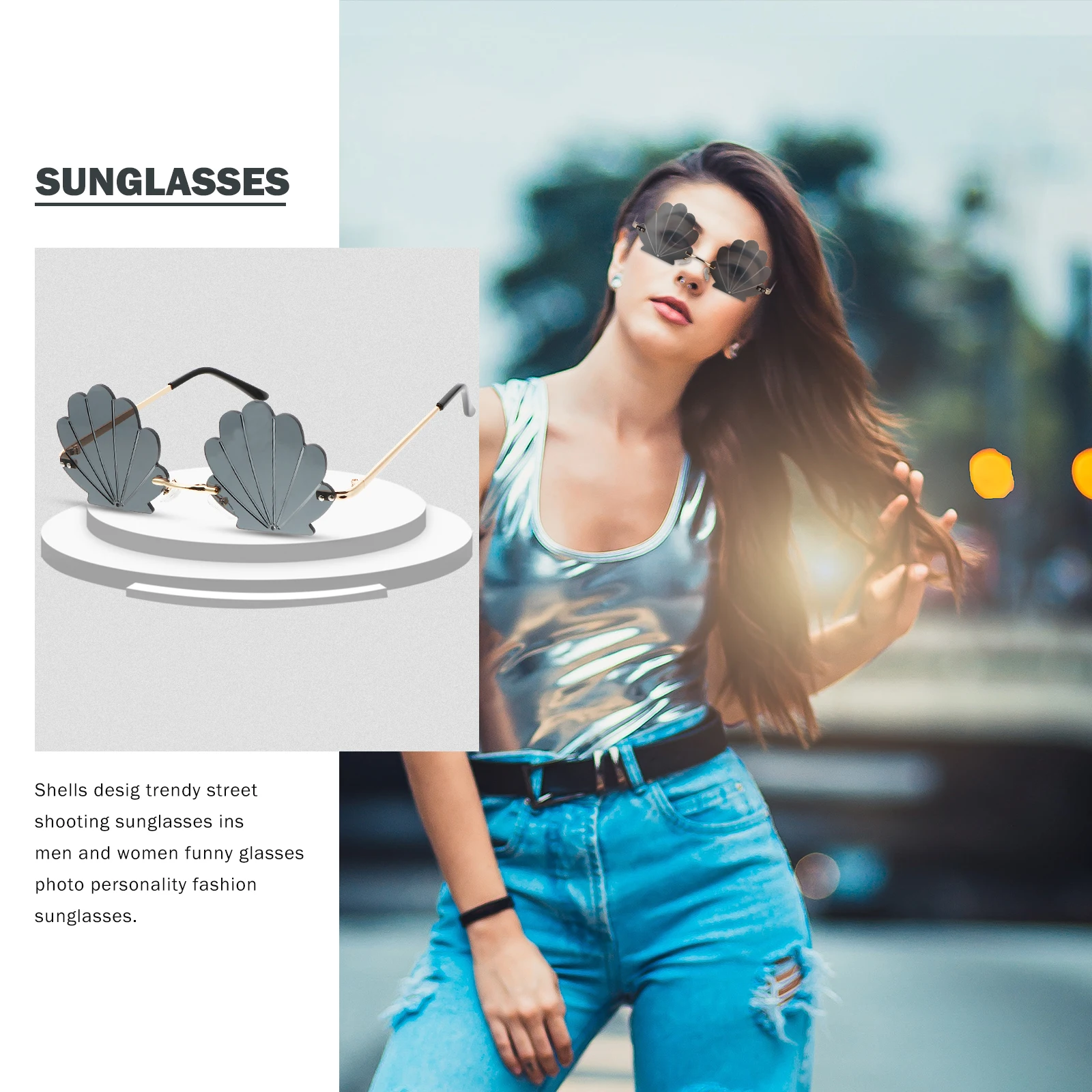 

Shell Pattern Photo Props Gray Lens Golden Frame Fashion Show Props Funny Sunglasses Photo Accessories