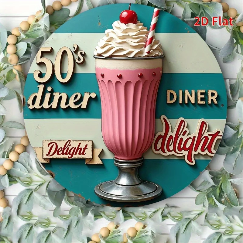 2D Flat 50's Diner Pink Milkshake Round Metal Tin Sign, Vintage Retro Diner Delight Striped Wall Decor, Classic Cherry Whipped C