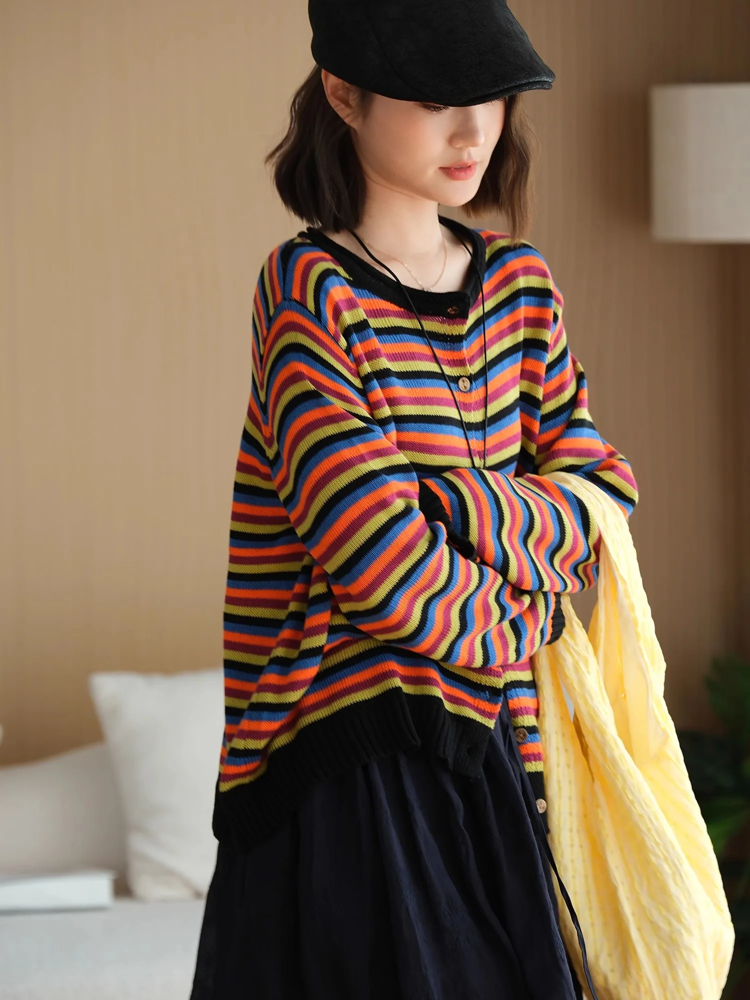 

Свободный повседневный женский вязаный кардиган с длинными рукавами из смесового хлопка в полоску, с круглым вырезом, весенний модный художественный топ